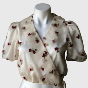 Floral Embroidered Ruffled Wrap Blouse